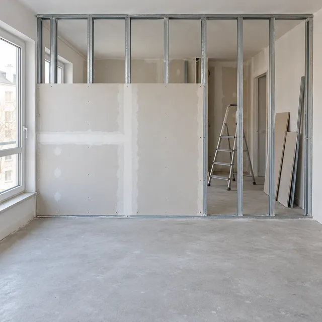 Beispielbild: Trockenbauwand im Aufbau mit Metallständern und teilweise beplankter Fläche