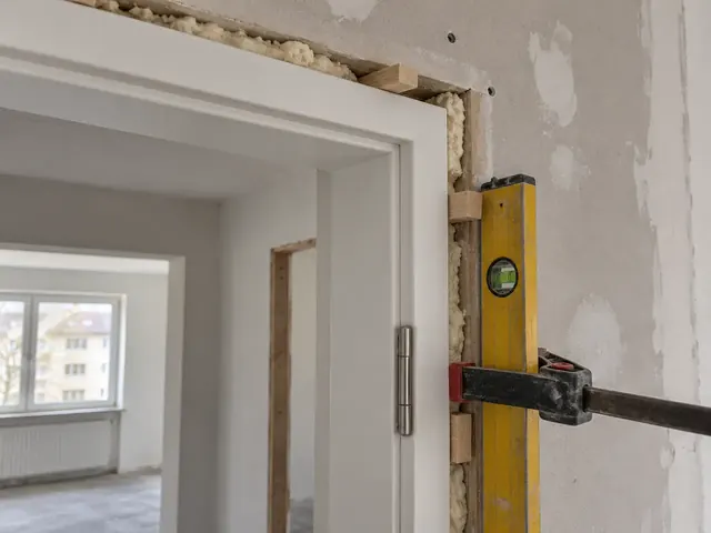 Beispielbild: weiße Türzarge in einer Gipskartonwand, mit Wasserwaage und Spannzwinge ausgerichtet