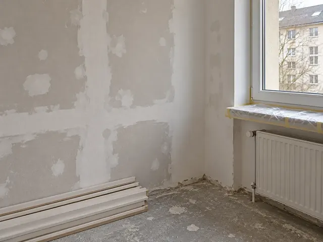 Beispielbild: ausgebesserte Wandflächen und gestapelte Fußleisten in einem Raum vor der Renovierung