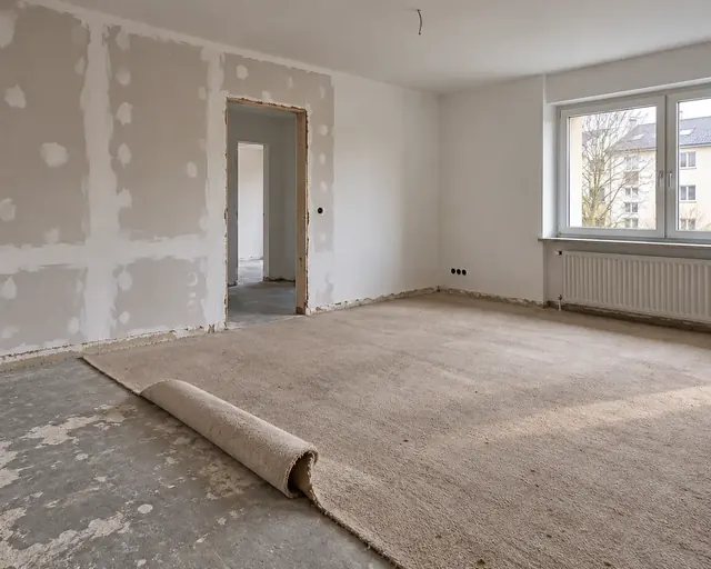Beispielbild: Wohnraum mit teilweise entferntem altem Teppich und ausgebesserten Wänden