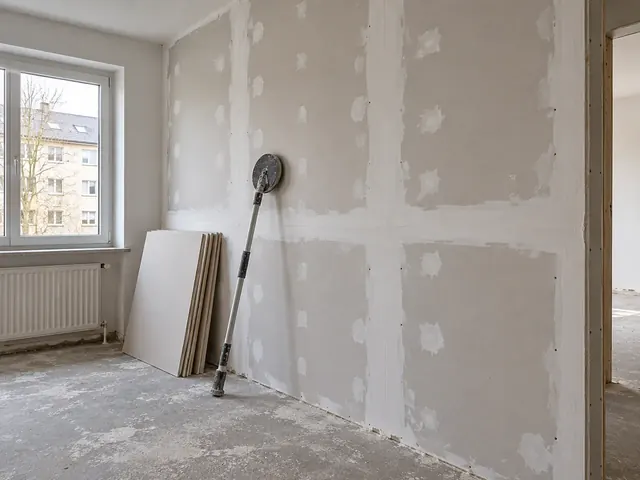 Beispielbild: frisch gespachtelte Gipskartonwand mit Schleifgerät und angelehnten Platten in einer leeren Wohnung